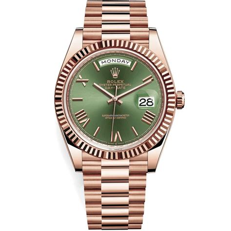 rolex oyster perpetual day date rose gold green face|rolex day date 40 price.